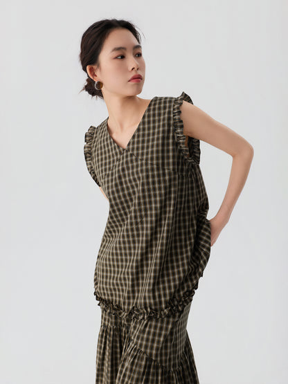 Ruffle Trim Plaid Blouse