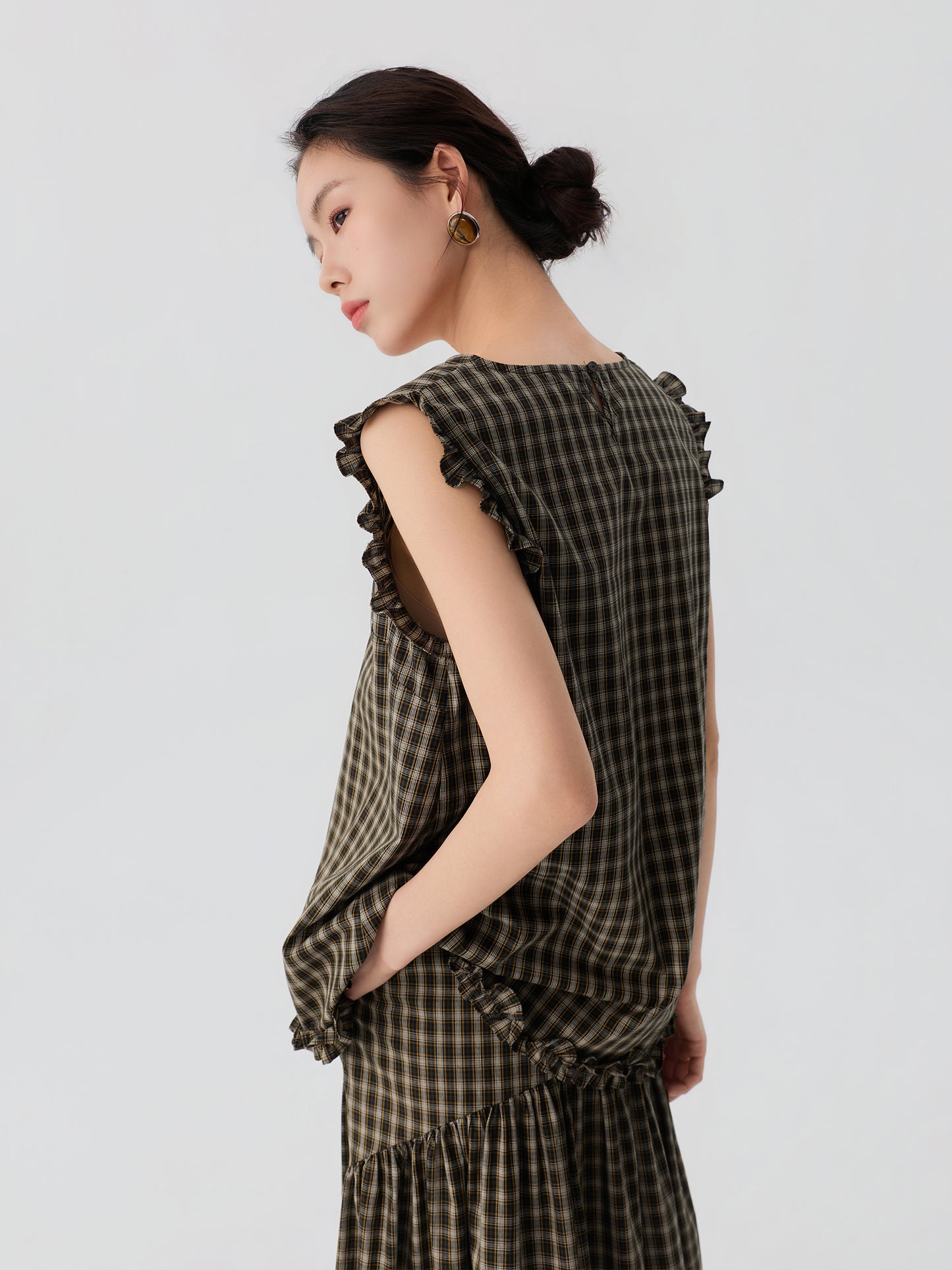 Ruffle Trim Plaid Blouse