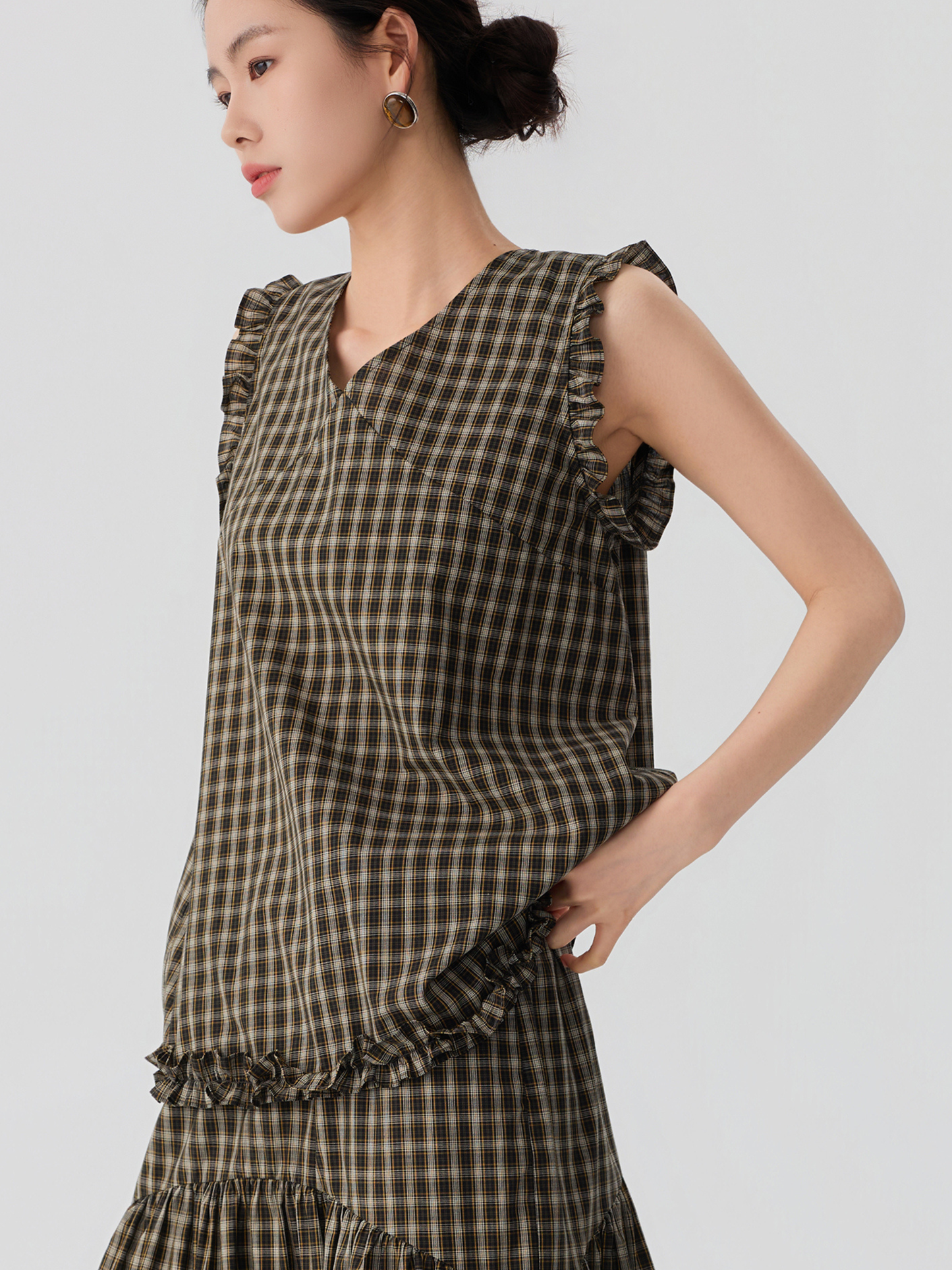 Ruffle Trim Plaid Blouse